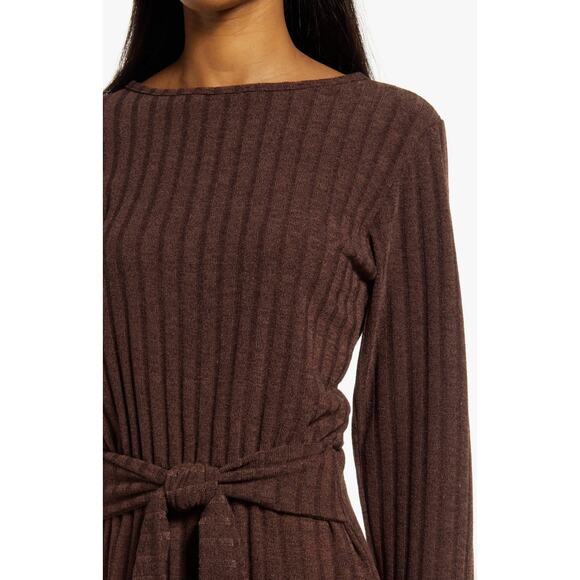 Fraiche by J Chocolate Brown Ribbed Knit Tie Front Long Sleeve Dress Size M - Picture 5 of 10
